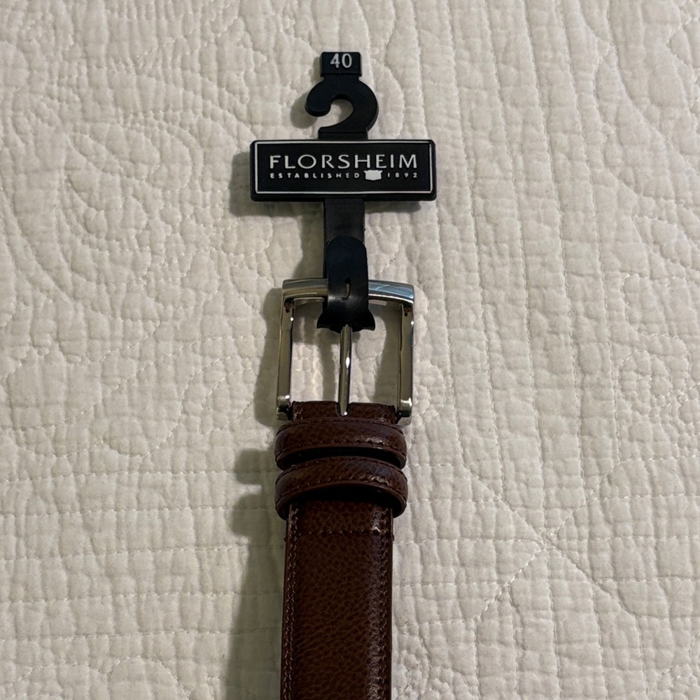 Florsheim Cognac Leather Dress Belt with Silver Buckle